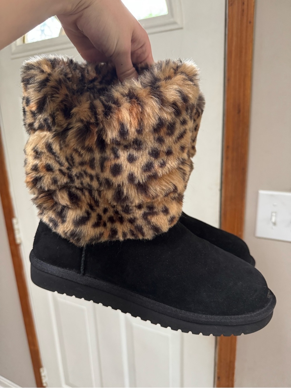 Koolaburra Black Faux Suede Winter Boot with Leopard Faux-Fur Cuff
